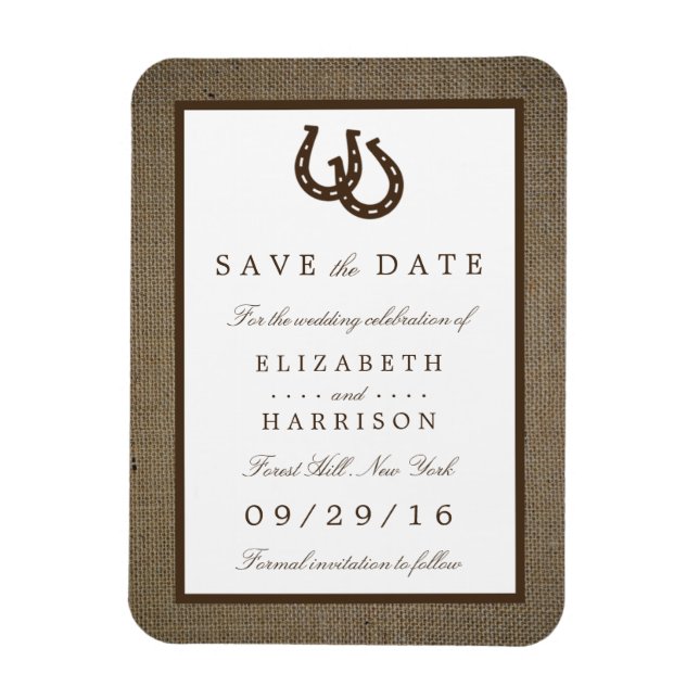 Land Rustikales Hufeisen auf Burlap Save the Date Magnet (Vertikal)