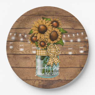 Land-rustikales Weckglas mit Sonnenblume Pappteller