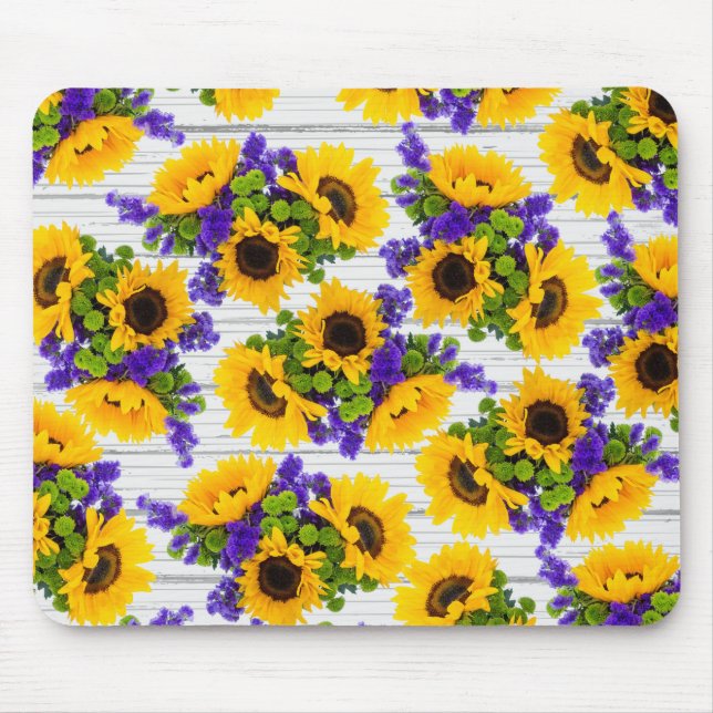 Land Rustikales Weißholz Lila Gelbe Sonnenblume Mousepad (Vorne)