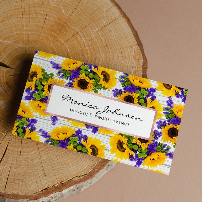 Land Rustikales Weißholz Lila Gelbe Sonnenblume Visitenkarte (Country Rustic White Wood Purple Yellow Sunflower Business Card )