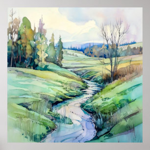 Land Sommer Landschaft Wasserfarbe Poster