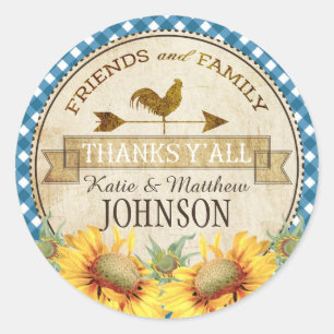 Land-Sonnenblume-danken blauer Gingham-Karo Ihnen Runder Aufkleber