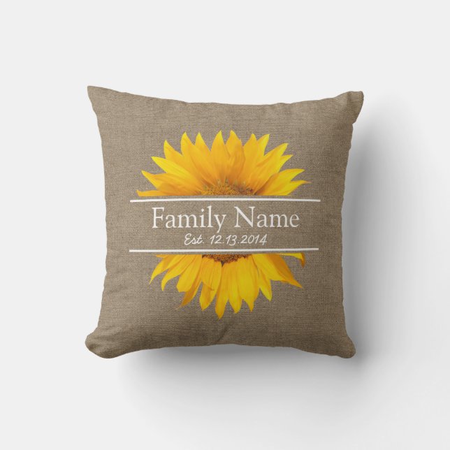 Land-Sonnenblume-rustikaler Leinwand-Familienname Kissen (Vorderseite)