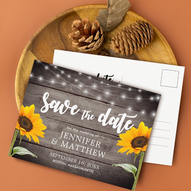 Land Sonnenblumen-Holz-Hochzeit retten das Datum Ankündigungspostkarte (Country Sunflower Wood Light Wedding Save The Date Announcement Postcard)