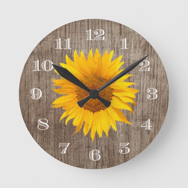 Land Sonnenblumen Rustikales Stallholz Vintag Runde Wanduhr (Vorderseite)