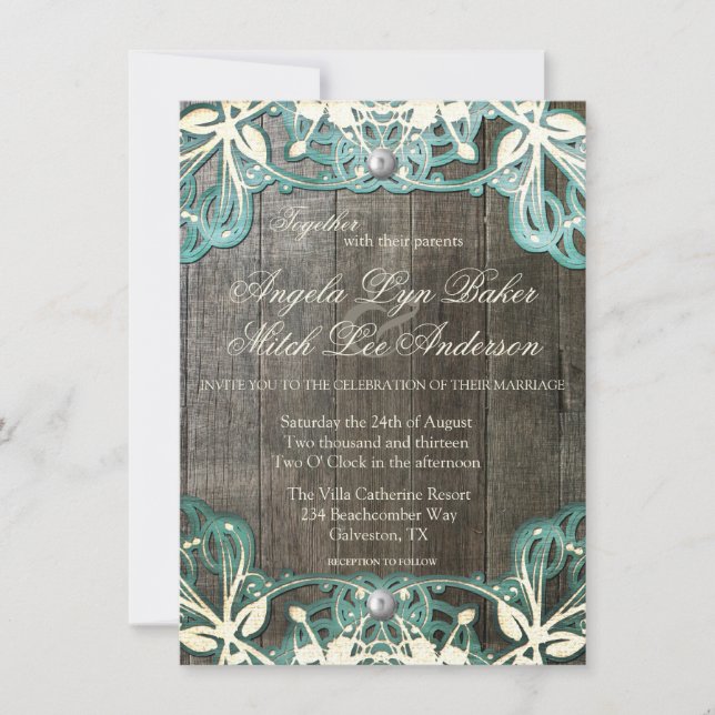 Land-Spitze und hölzerne rustikale Einladung (Vorderseite)