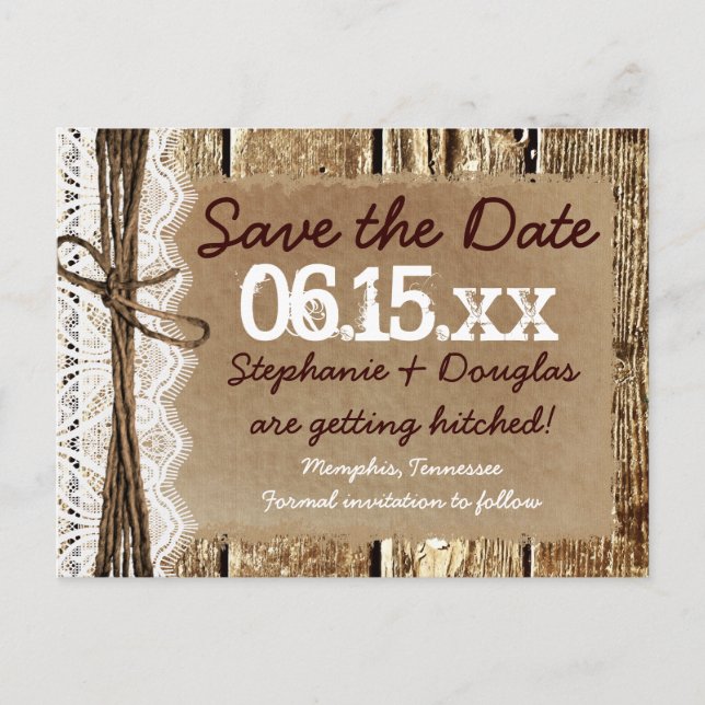 Land Stallholz rustikale Save the Date Postkarten (Vorderseite)