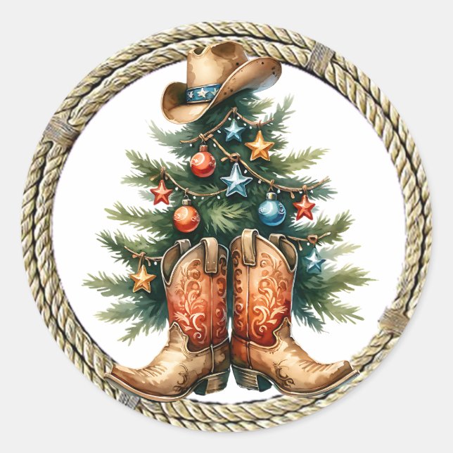 Land und Western Rustikaler Weihnachtsbaum Runder Aufkleber (Vorderseite)