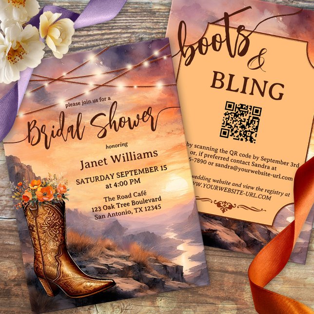 Land und Western Stiefel Brautparty Einladung (Watercolor bridal shower invitation featuring a cowboy boot and string lights outdoors - QR code)