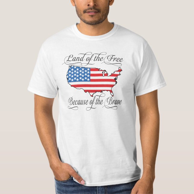Land vom freien wegen der tapferen patriotischen T-Shirt (Vorderseite)