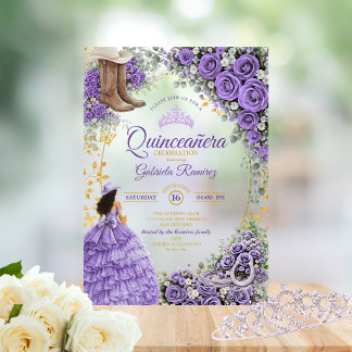 Land Western Lavendel Rosen Golden Quinceañera Acryleinladungen