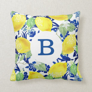 Land-Zitronen u. blaues Blumen  Monogramm Kissen