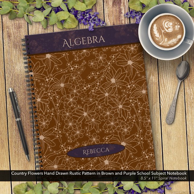 Länder Blume Lila Schule Vorname Notizbuch (Country Flowers Rustic Pattern in Brown and Purple School Notebook: Personalize Name & Class Subject)