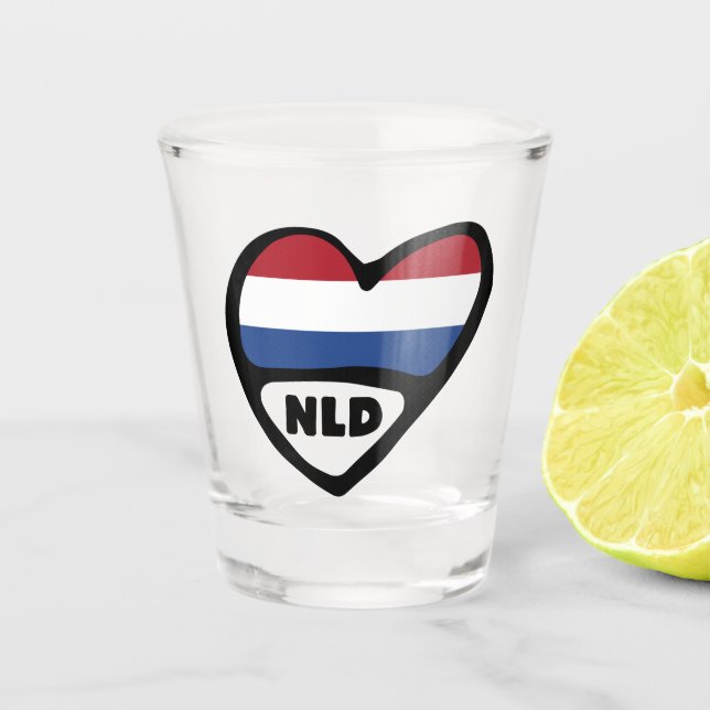 Ländercode Flaggenherz der Niederlande, NLD Schnapsglas (Vorderseite)