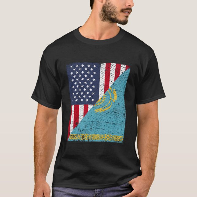 Länderflagge Halbe USA Half Kasachstan T-Shirt (Vorderseite)