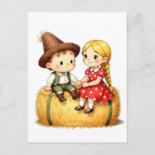 Länderkinder auf einem Heuballen, Postkarte