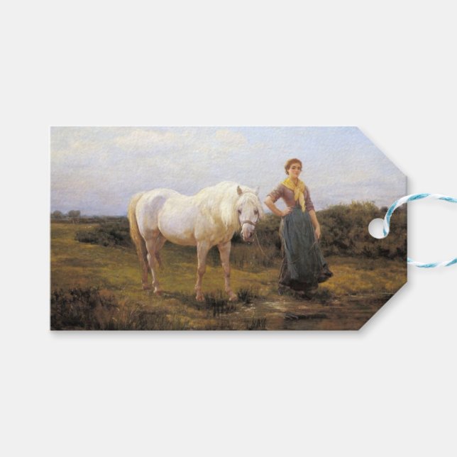Landfrauen, die ein Pferd zum Wasser nehmen Geschenkanhänger (Vorderseite (Horizontal))
