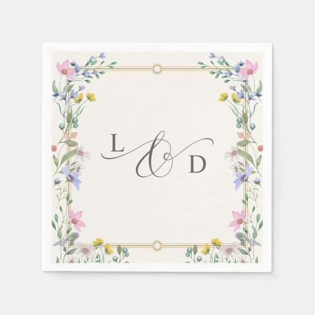 Landgarten-Wildblumen-Blumen-Monogramm-Hochzeit Serviette (Vorderseite)