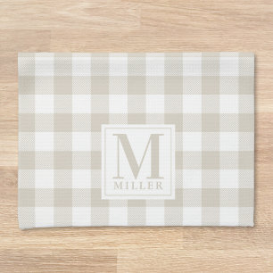 Landhaus-Beige-Buffalo-Karo-Familienname-Monogramm Geschirrtuch