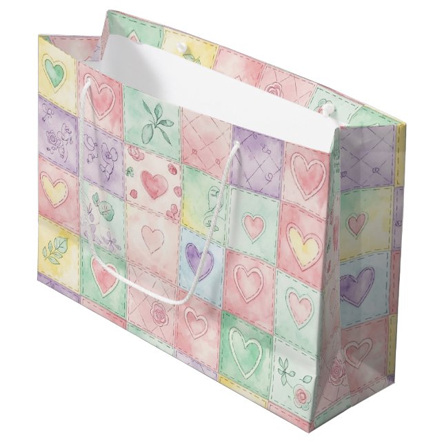 Landhaus-Blumen-Patchwork-Gingham-Pastell Große Geschenktüte (Vorderseite Schrägansicht)