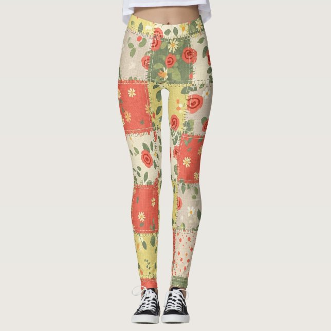 Landhaus-Blumen-Patchwork-Muster Leggings (Vorderseite)