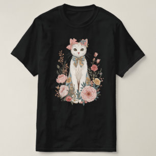 Landhaus Blumige Katze Kokette   Vintage Pastell R T-Shirt