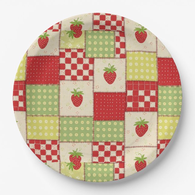 Landhaus-Erdbeer-Gingham-Blumenmuster Pappteller (Vorderseite)