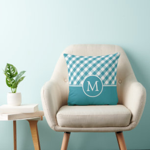 Landhaus-Gingham-Karo-Karo Teal Blau Monogramm Kissen