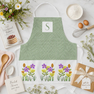 Landhaus Grün Gingham mit Wildblumen Monogramm Schürze