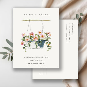Landhaus-Hängekorb mit Blumenkarte Wir sind umgezo Postkarte