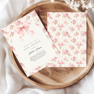 Landhaus mit rosa Schleife - Florales Mädchen-Baby Einladung
