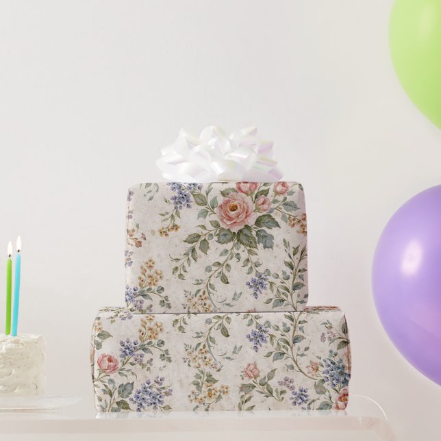 Landhaus-Rosa-Blau-Blumenmuster Geschenkpapier (Partygeschenke)
