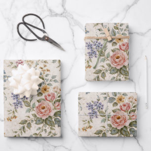 Landhaus-Rosa-Blau-Blumenmuster Geschenkpapier Set