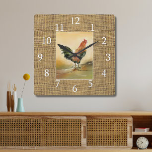 Landhaus Rustic Burlap Jute Rooster Quadratische Wanduhr