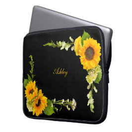 Landhaus-Sonnenblumen auf Schwarz mit Namen Laptopschutzhülle