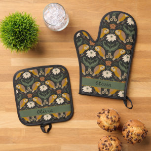 Landhaus-Stil-Eule und Blumenmuster und Name Ofenhandschuh & Topflappen-Set