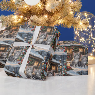 Landhaus, süße Kätzchen und Weihnachtsbaum Geschenkpapier