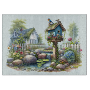 Landhaus-Vogelhaus-Garten-Aquarell Schneidebrett