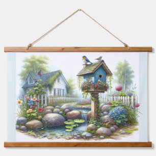 Landhaus-Vogelhaus-Garten Aquarell Wandteppich Mit Holzrahmen