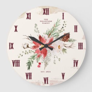 Landhaus-Weihnachten Winter Poinsettia Rustikal Große Wanduhr
