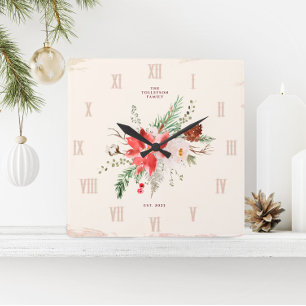 Landhaus-Weihnachten Winter Weihnachtsstern Rustik Quadratische Wanduhr