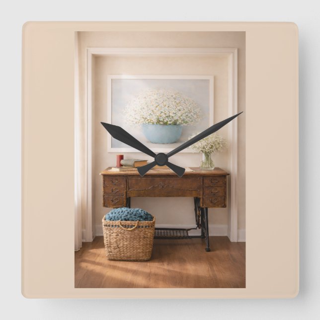 Landhaus "Zuhause ist dort, wo Liebe ist" Rustikal Quadratische Wanduhr (Vorderseite)