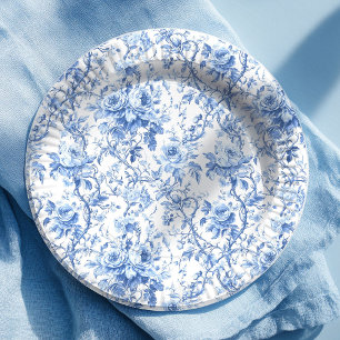Landhausblaue französische Toile-Rosen Blumen-Papi Pappteller