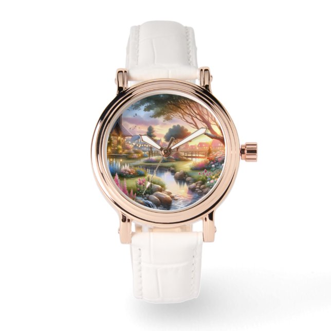 Landhausgartenbach bei Sonnenuntergang Armbanduhr (Vorderseite)