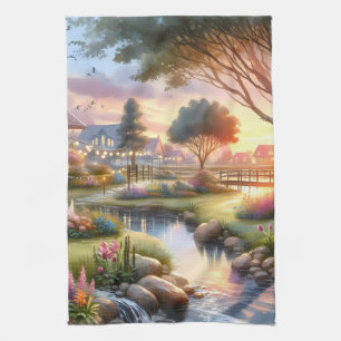 Landhausgartenbach bei Sonnenuntergang Geschirrtuch