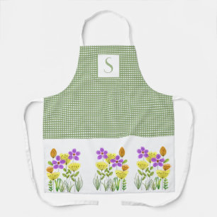Landhausgrün Gingham mit Wildblumen-Monogramm  Schürze