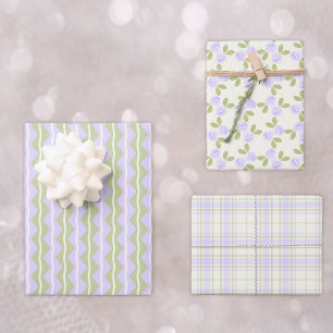 Landhausrosen, Tartan und Streifen in Lila Geschenkpapier Set