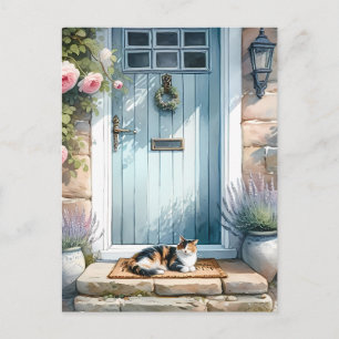 Landhausstil-Blumenveranda mit Calico-Katze Postkarte