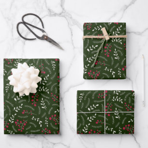Landhausstil dunkelgrünes rotes rustikales Blattmu Geschenkpapier Set