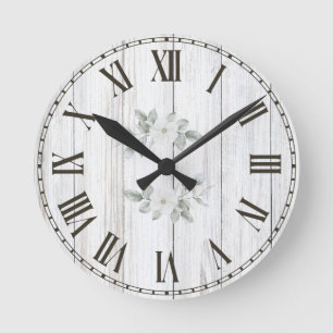 Landhausstil Weiße Holzgrünpflanzen Blumen Runde Wanduhr